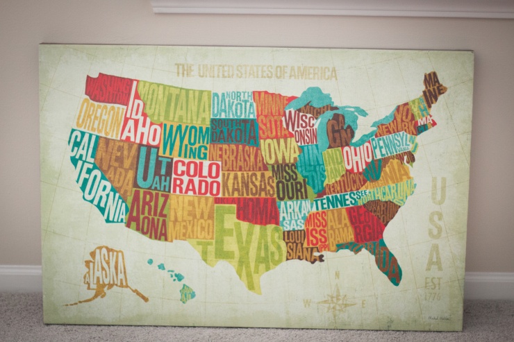 The United States of America Map will eventually hang above the nursing chair next to one of the closets.